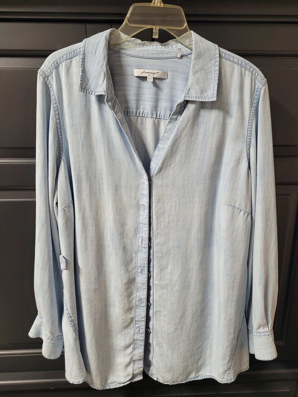 Foxcroft Light Blue Chambray Button-Down Shirt.